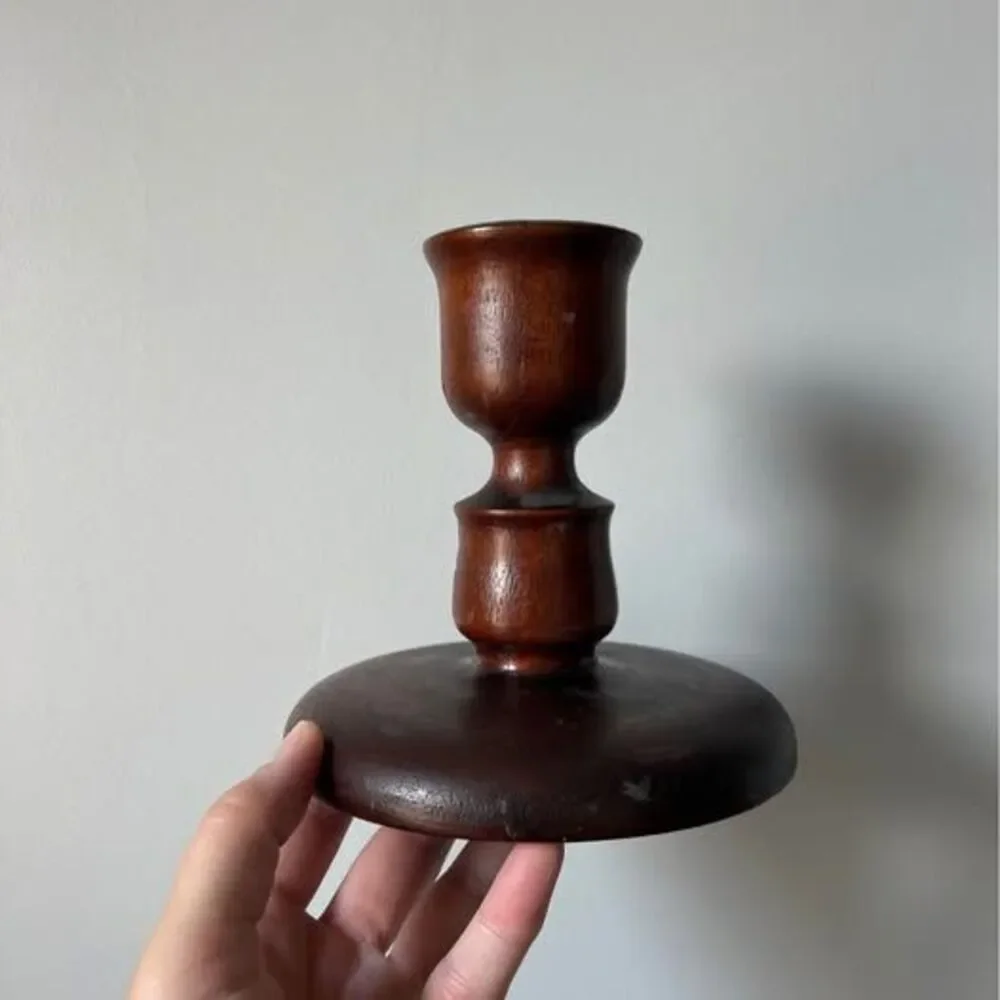 Vintage MCM Dark Brown Wood Candle Holder